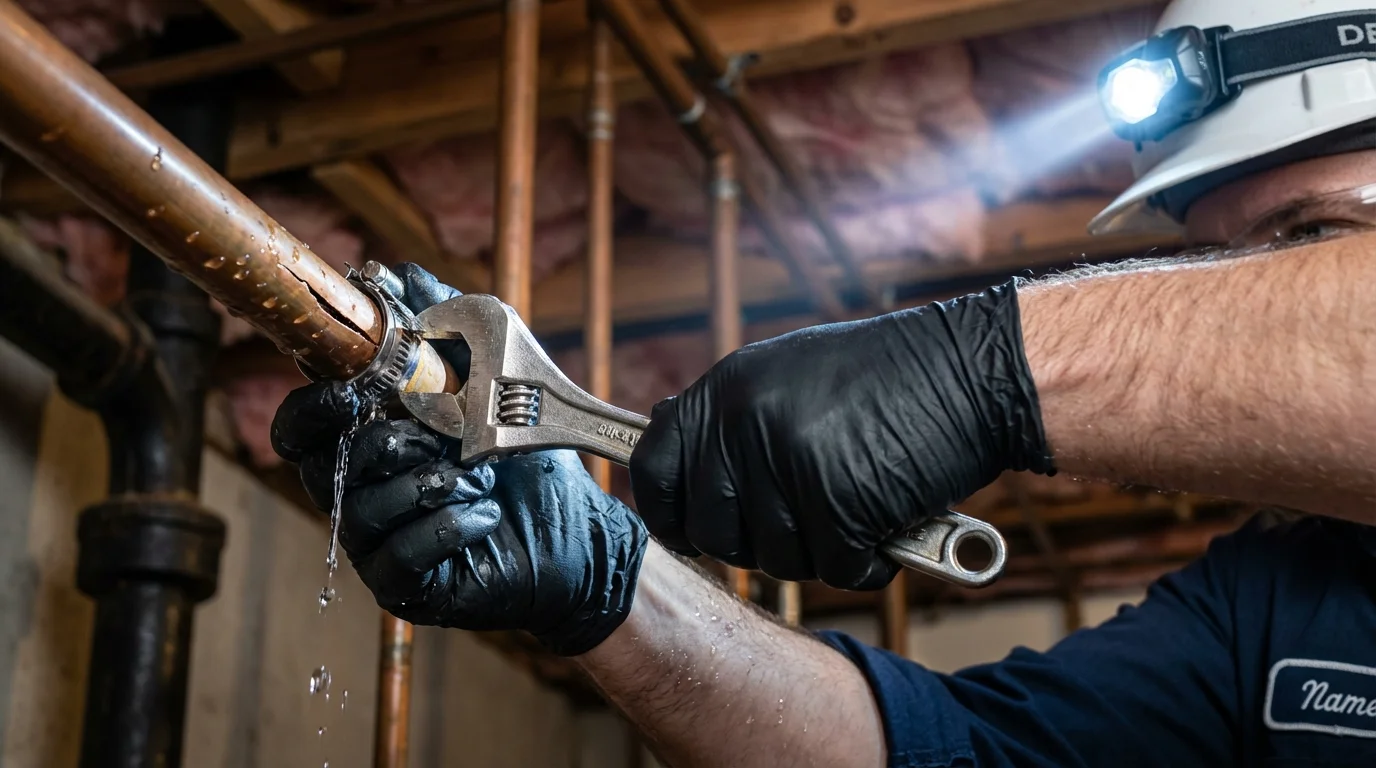 Emergency pipe clamp repair being performed by a Johns Plumbing LLC plumber in Decatur