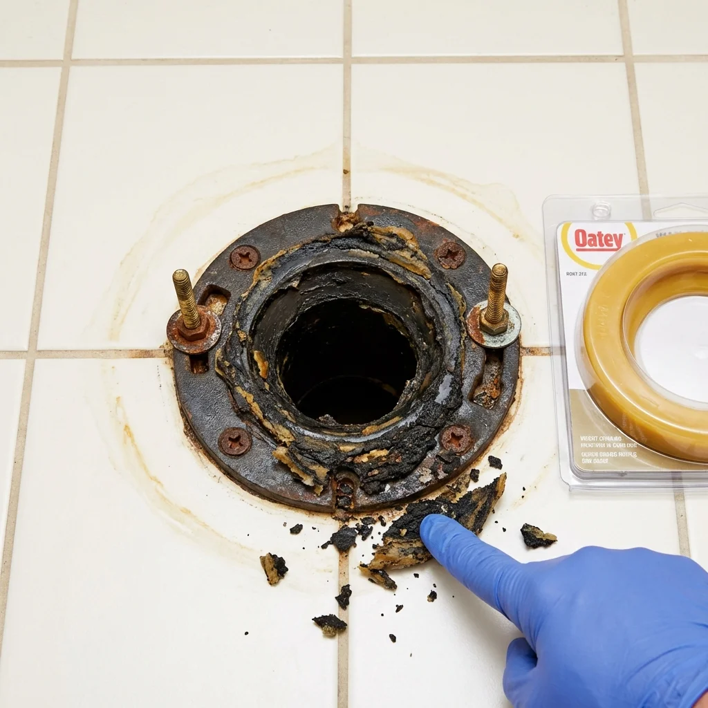 Failed wax ring showing water seepage at the base of a toilet in a Decatur, TX home