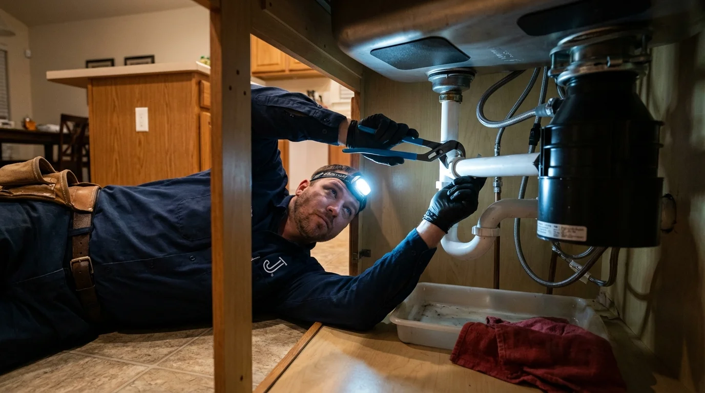 P-trap and supply line connections under a kitchen sink showing a common leak point in Decatur, TX